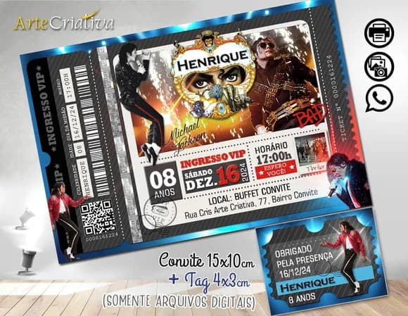 Convite Digital C/tag Ingresso Michael Jackson