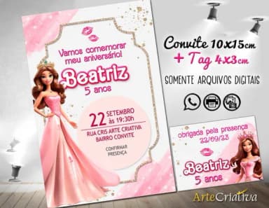 Convite Digital C/tag Boneca Barbie Rosa