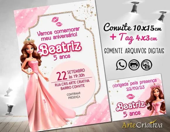 Convite Digital C/tag Boneca Barbie Rosa