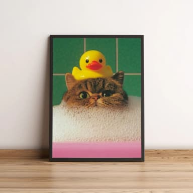 Quadro Decorativo Gato no Banho com Pato 2694