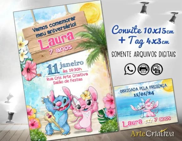 Convite Digital C/tag Stitch Disney Aquarela