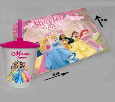 KIt Jogo Americano sousplat+ copo Twister personalizado ds Princesas