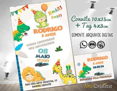 Convite Digital C/tag Dinossauro Cute 5