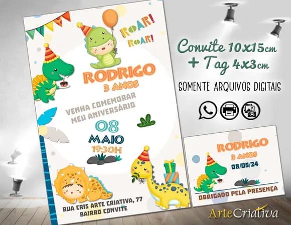 Convite Digital C/tag Dinossauro Cute 5