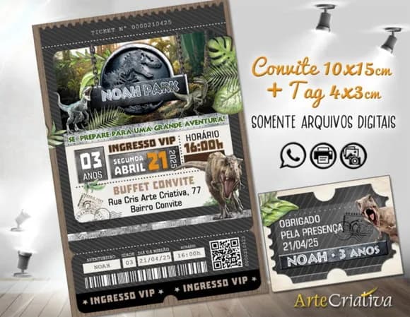 Convite Digital C/tag Ingresso Dinossauro Jurassic Park 2