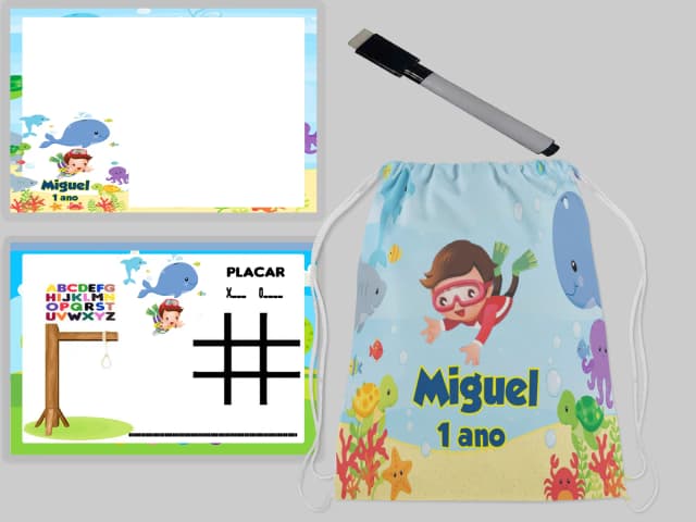 Kit Mochila e Lousa Magica para lembrancinhas Fundo do Mar