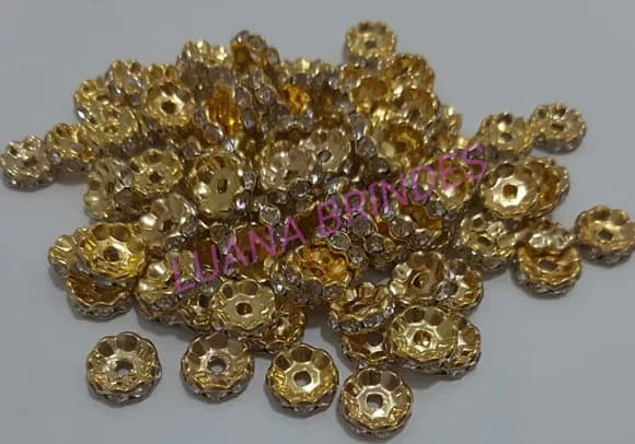 Rondela de Metal Dourado com Strass - 10mm - pct com 10 unid