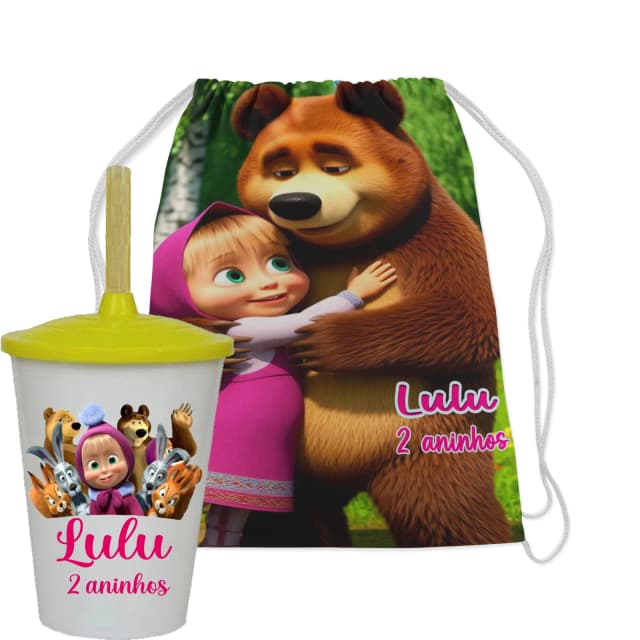 Kit Mochila e Copo Twister personalizado da Marsha e o Urso