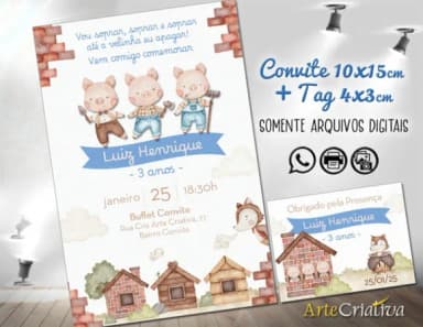 Convite Tag Digital os 3 Porquinhos Aquarelado 2