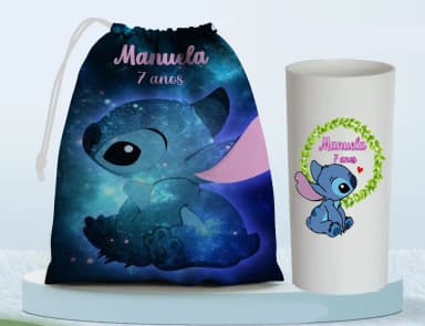 Kit Saquinho Surpresa e Copo Long Drink Personalizado do Sticth