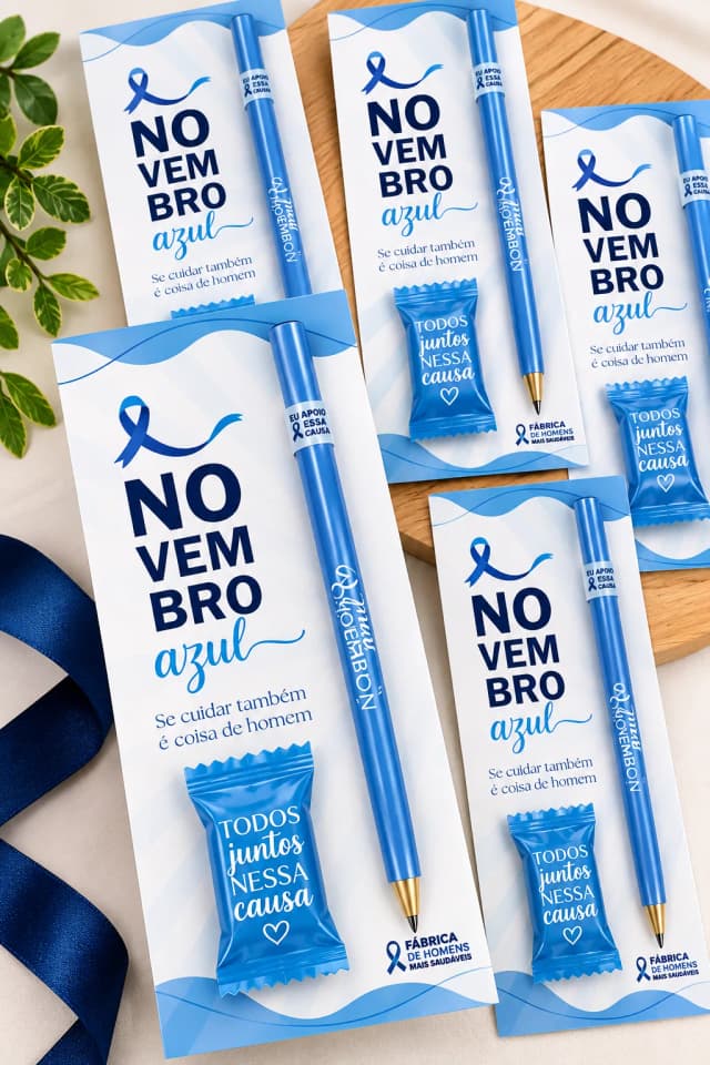 Kit Novembro Azul com Caneta Personalizada e Bala – Lembrancinha Masculina