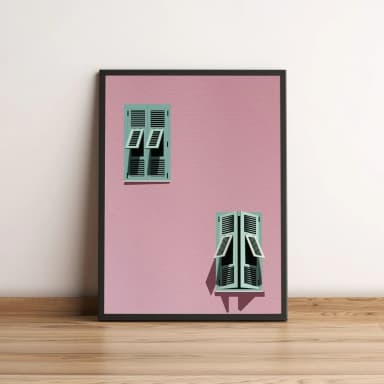 Quadro Fachada Rosa com Janelas Verdes Minimalista 2659