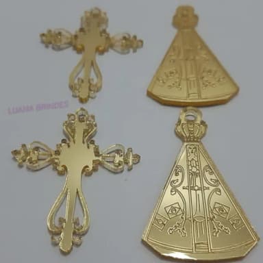 Kit Cruz e Pingente Aparecida acrílico espelhado Pct 3 kits