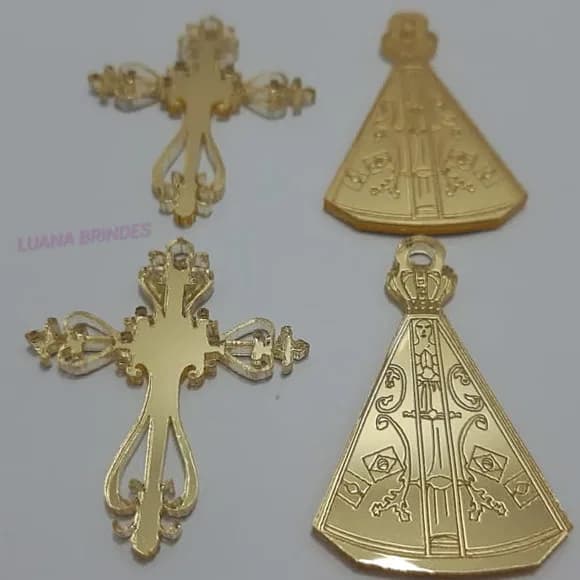 Kit Cruz e Pingente Aparecida acrílico espelhado Pct 3 kits