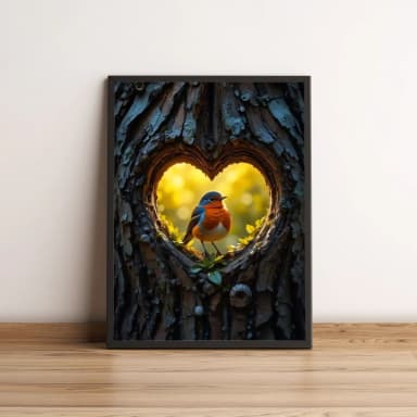 Quadro com passarinho em tronco com coração 2643