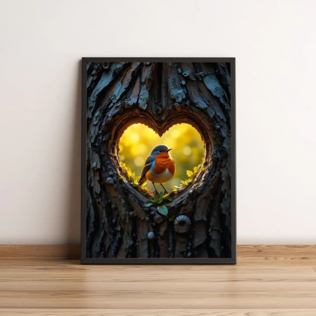 Quadro com passarinho em tronco com coração 2643