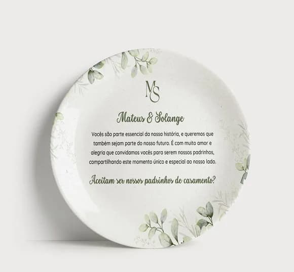 Convite Padrinhos de Casamento Prato Porcelana Folhagens