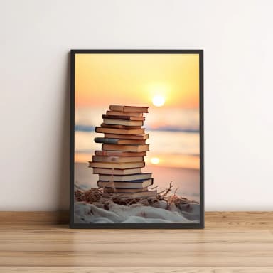 Quadro Pilha de Livros na Praia ao Pôr do Sol 2631