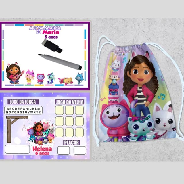 Kit Mochila e Lousa Magica para lembrancinhas da Casa Magica da Gabby