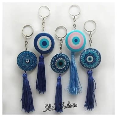 Chaveiro Bóton com Franja Olho Grego ou Mandala