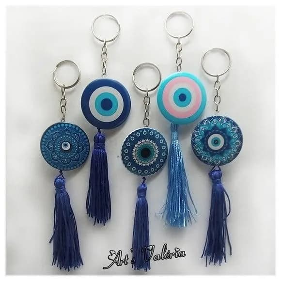 Chaveiro Bóton com Franja Olho Grego ou Mandala
