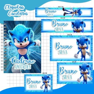 Caderno + Etiquetas + Tag Personalizada + Lápis ( Sonic )