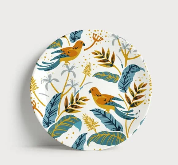 Prato Decorativo Pássaros Tropicais e Folhagens