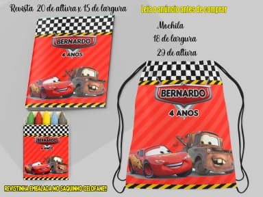 Kit Lembrancinhas Mochila e Revista de colorir personalizado dos Carros Disney