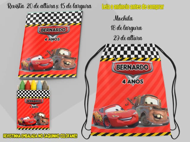 Kit Lembrancinhas Mochila e Revista de colorir personalizado dos Carros Disney