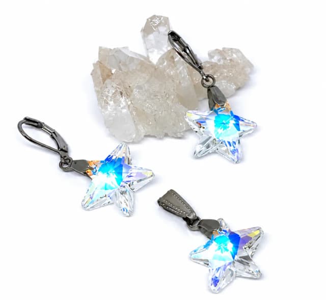 Conjunto Brinco e Pingente Estrela de Cristal AB Aço Inoxidável Antialérgico