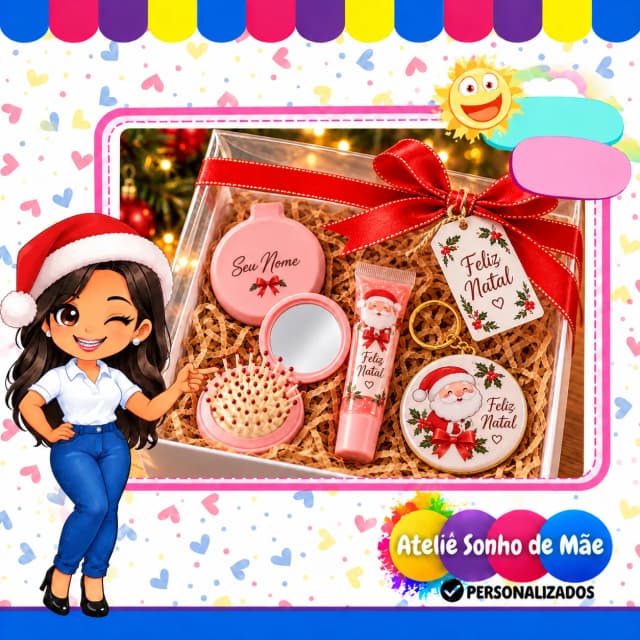 Kit Presente de Natal Feminino com Mini Escova, Lip Gloss e Chaveiro Espelho