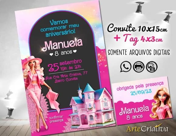 Convite Digital C/tag Boneca Barbie Rosa 4