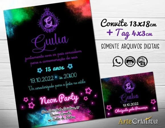 CONVITE DIGITAL C/TAG 15 anos Neon Party