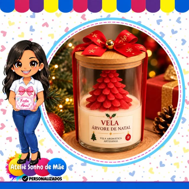 Vela Aromática Árvore de Natal em Pote de Vidro com Tampa de Madeira – Presente Natalino