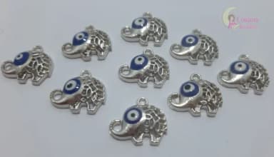Pingente Elefante Olho Grego de Metal Prateado 3 unidades