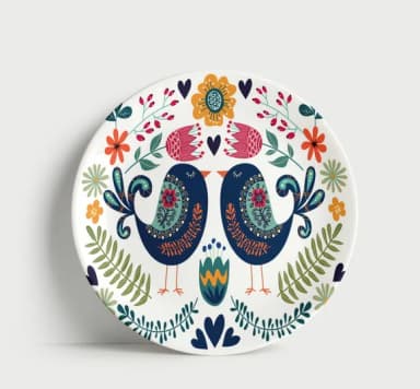 Prato Decorativo Casal de Pássaros Folk - Porcelana 21cm