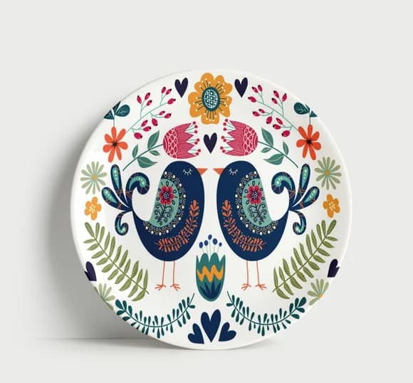 Prato Decorativo Casal de Pássaros Folk - Porcelana 21cm