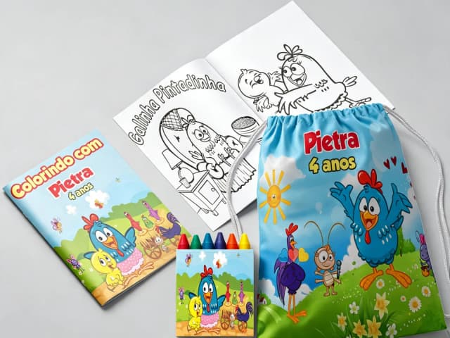 Kit Mochila e Revista de colorir para lembrancinha da Galinha Pintadinha
