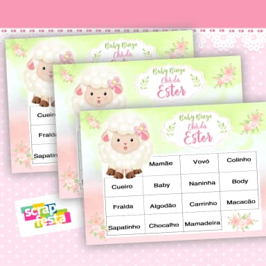 Bingo Festa Chá de Bebê Menina Ovelhinha Cute Aquarela