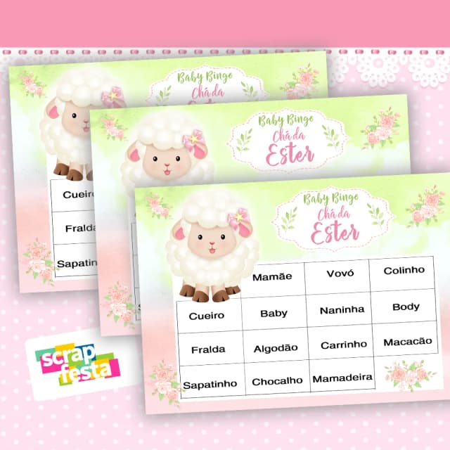 Bingo Festa Chá de Bebê Menina Ovelhinha Cute Aquarela