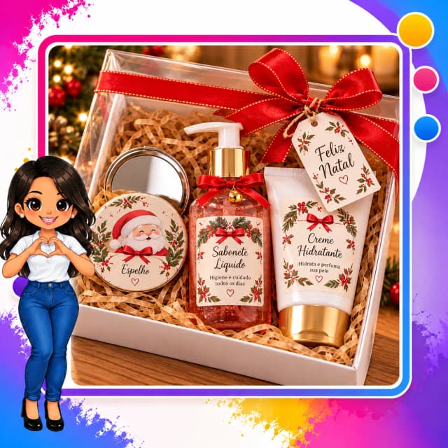 Kit Presente Natalino com Espelho Personalizado, Sabonete Líquido e Creme Hidratante