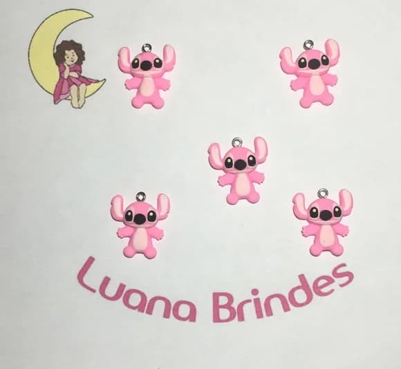 Pingente Stitch Rosa de Resina - Pct C/5 Unid
