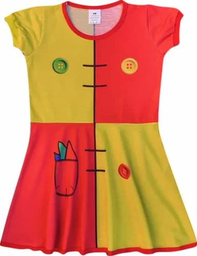 Vestido Infantil Fantasia Boneca de Pano Amarelo e Vermelho com Botões
