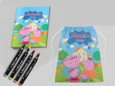 Kit Mochila e Revista de colorir com Canetinhas da Porquinha Rosa