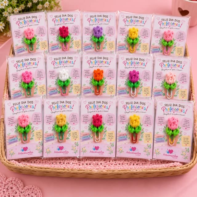 Kit 20 Lembrancinhas Dia dos Professores | Clip Tulipa com Card