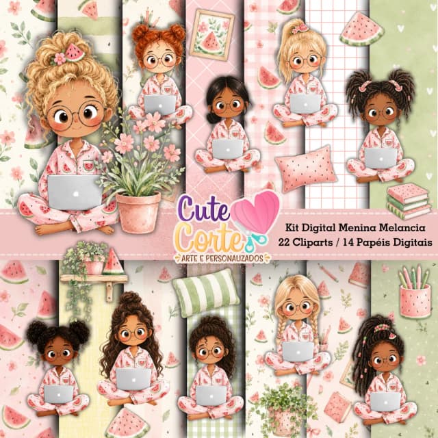 Kit Digital - Meninas Melancia (14 Papéis Digitais + 22 Cliparts)