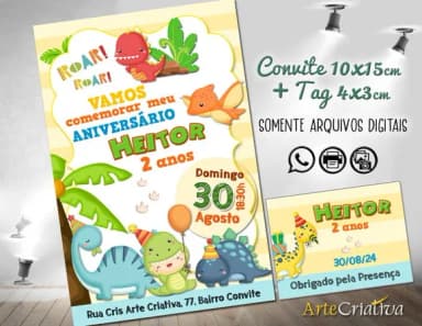 Convite Digital C/tag Dinossauro Cute 3