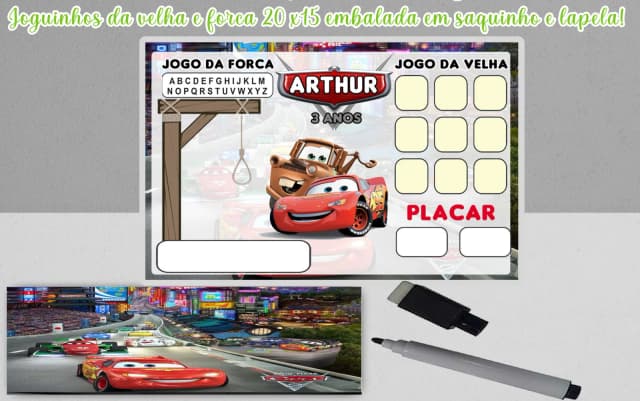 Lembrancinhas aniversario infantil Carros Disney jogo da velha e forca personalizada