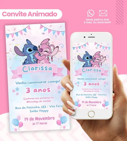 Convite Digital Animado Stitch e Angel