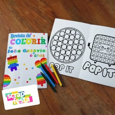 Revista Colorir + Giz Cera Personalizado Festa Pop It